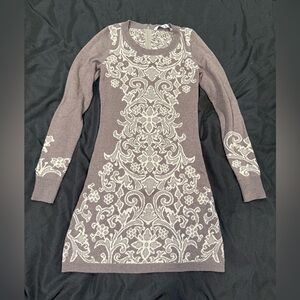 Athleta Duluth Jacquard Long Sleeve Sweater Dress in Taupe Brown and Cream